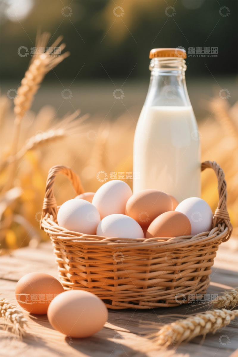 高清大图下载【趣麦麦图】田野边篮子里的鸡蛋与牛奶