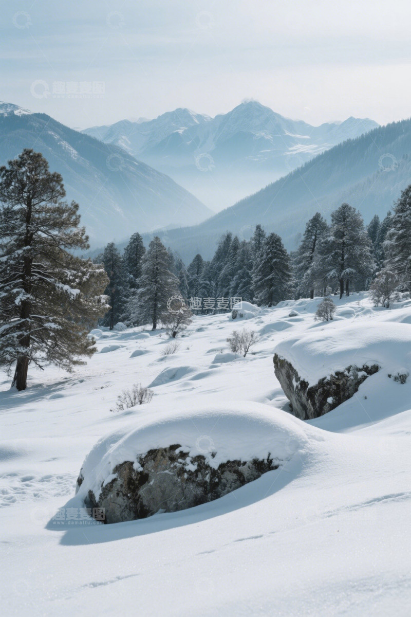高清大图下载【趣麦麦图】雪山下被积雪覆盖的森林景象