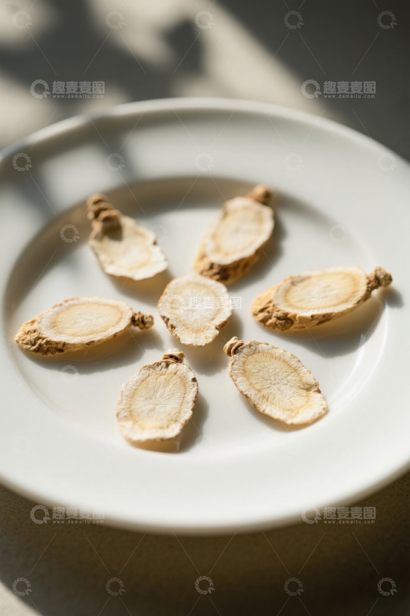 高清大图下载【趣麦麦图】白色盘上的切片中药材