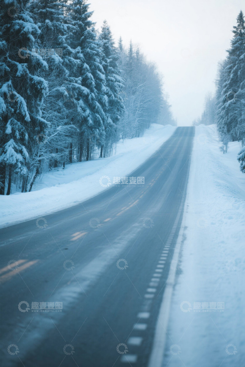 高清大图下载【趣麦麦图】冬日积雪道路与森林景观