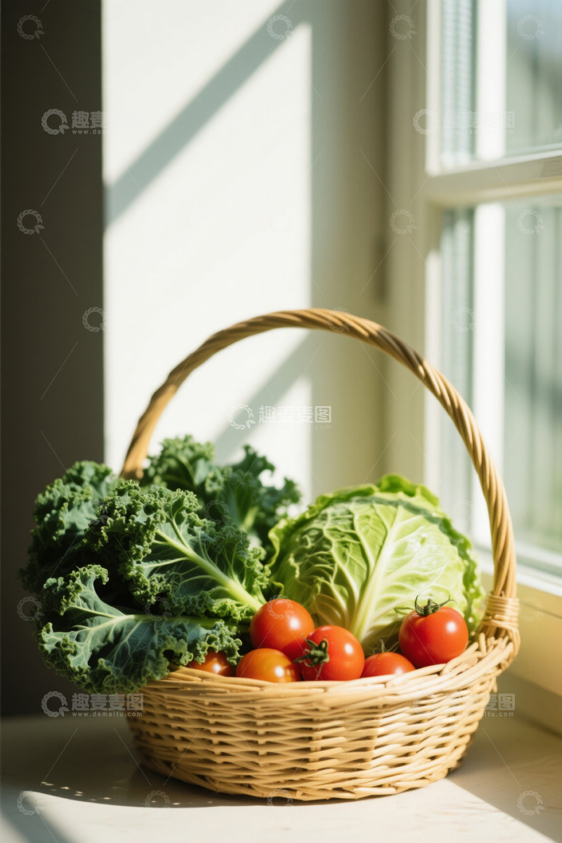 高清大图下载【趣麦麦图】窗边菜篮中的新鲜蔬菜