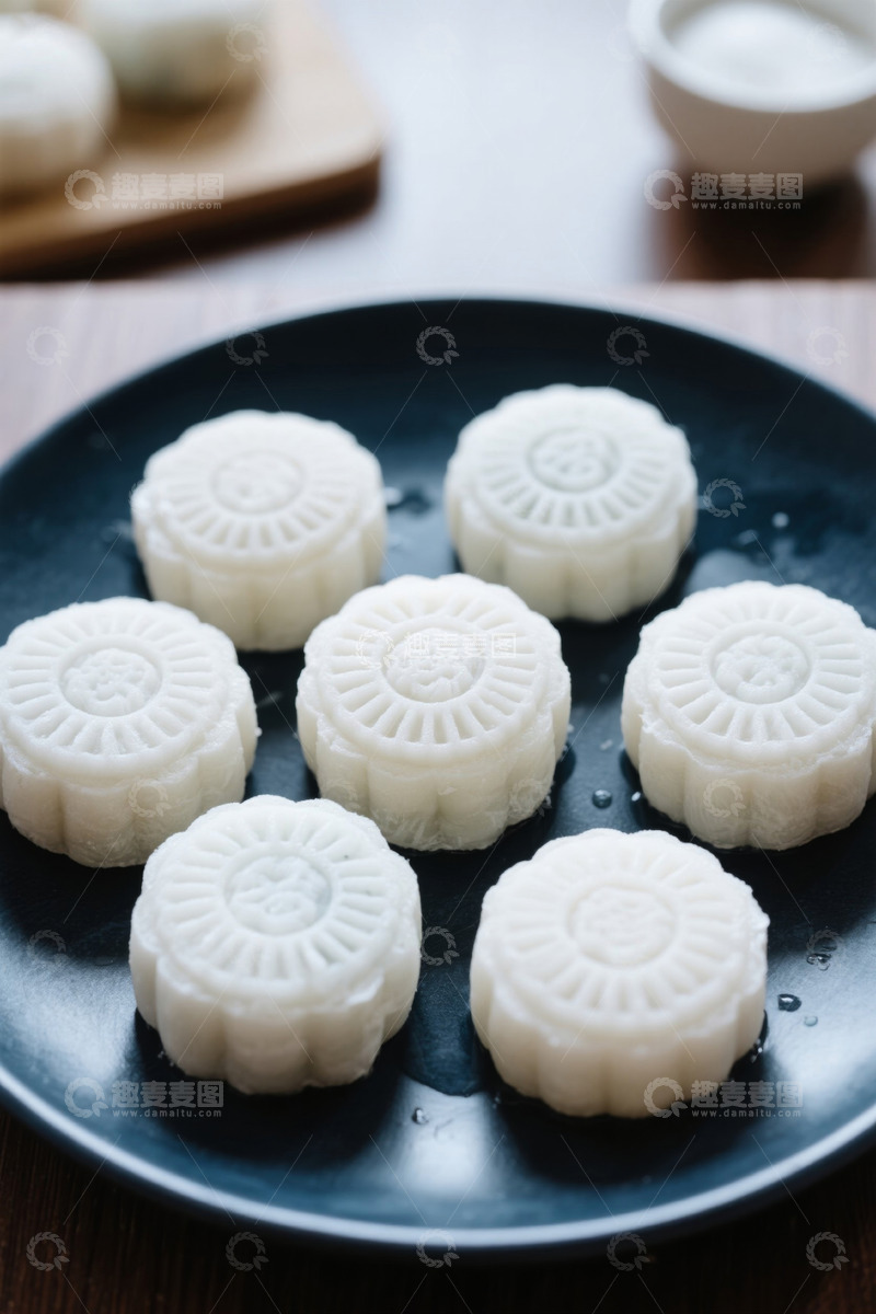 高清大图下载【趣麦麦图】黑色盘中的传统中式冰皮月饼