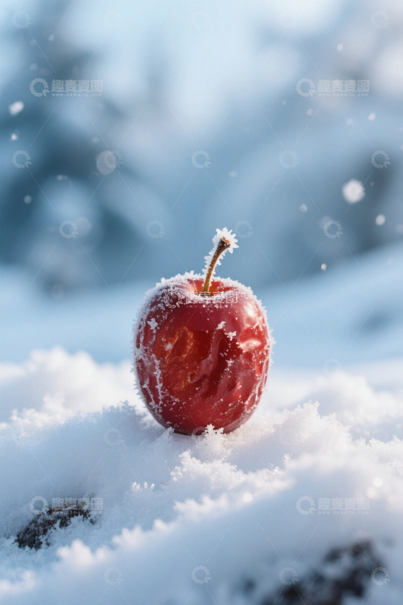 高清大图下载【趣麦麦图】雪地上的红苹果特写