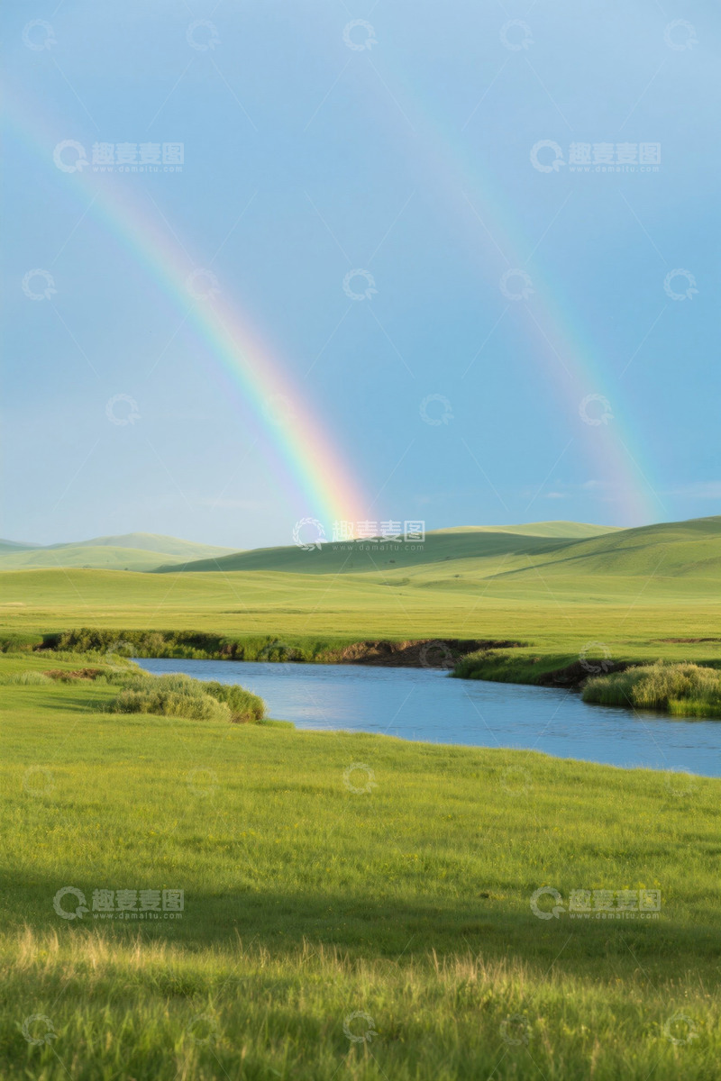 高清大图下载【趣麦麦图】草原河流上空双彩虹景观