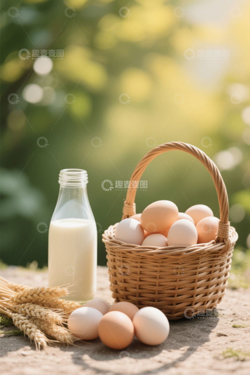 高清大图下载【趣麦麦图】户外篮子装鸡蛋与瓶装牛奶