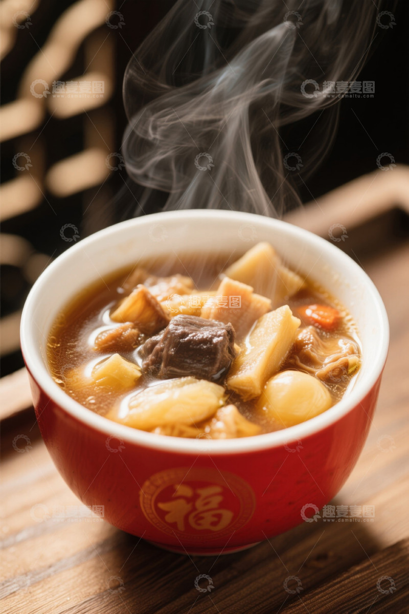 高清大图下载【趣麦麦图】红色福字碗装热气腾腾美食