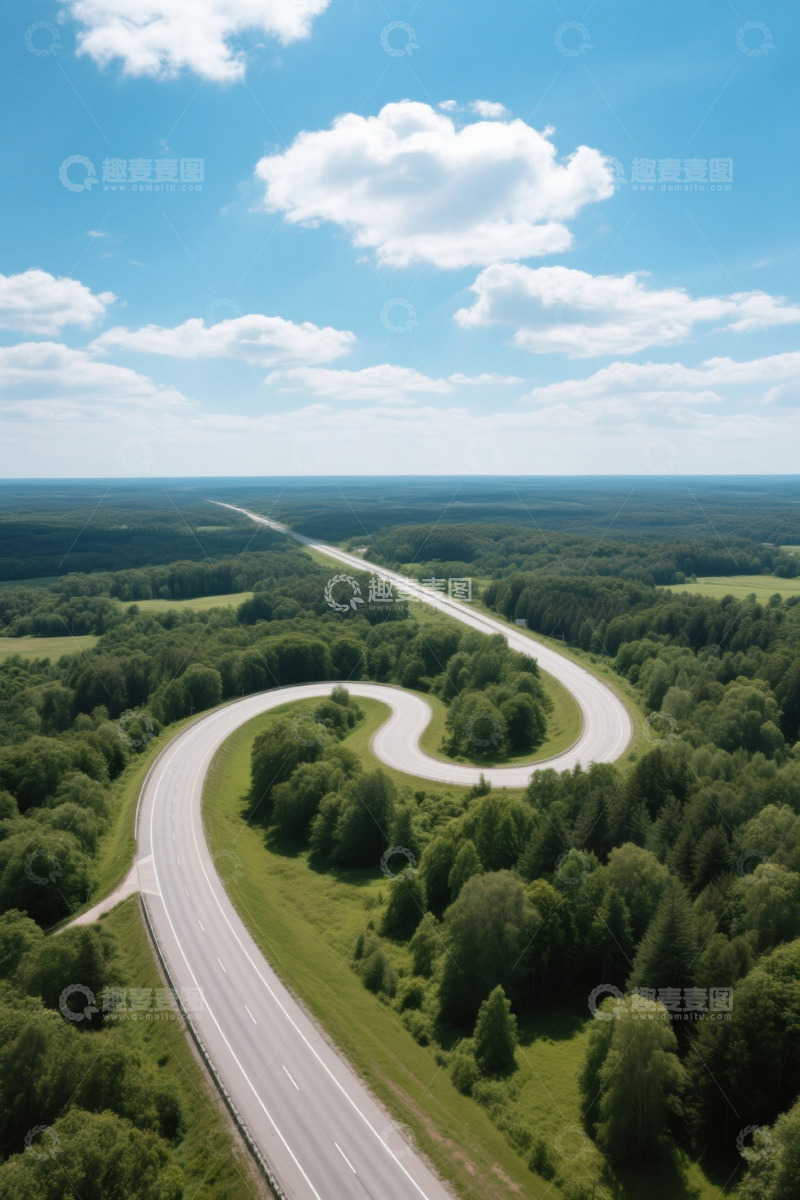高清大图下载【趣麦麦图】森林中蜿蜒公路航拍全景