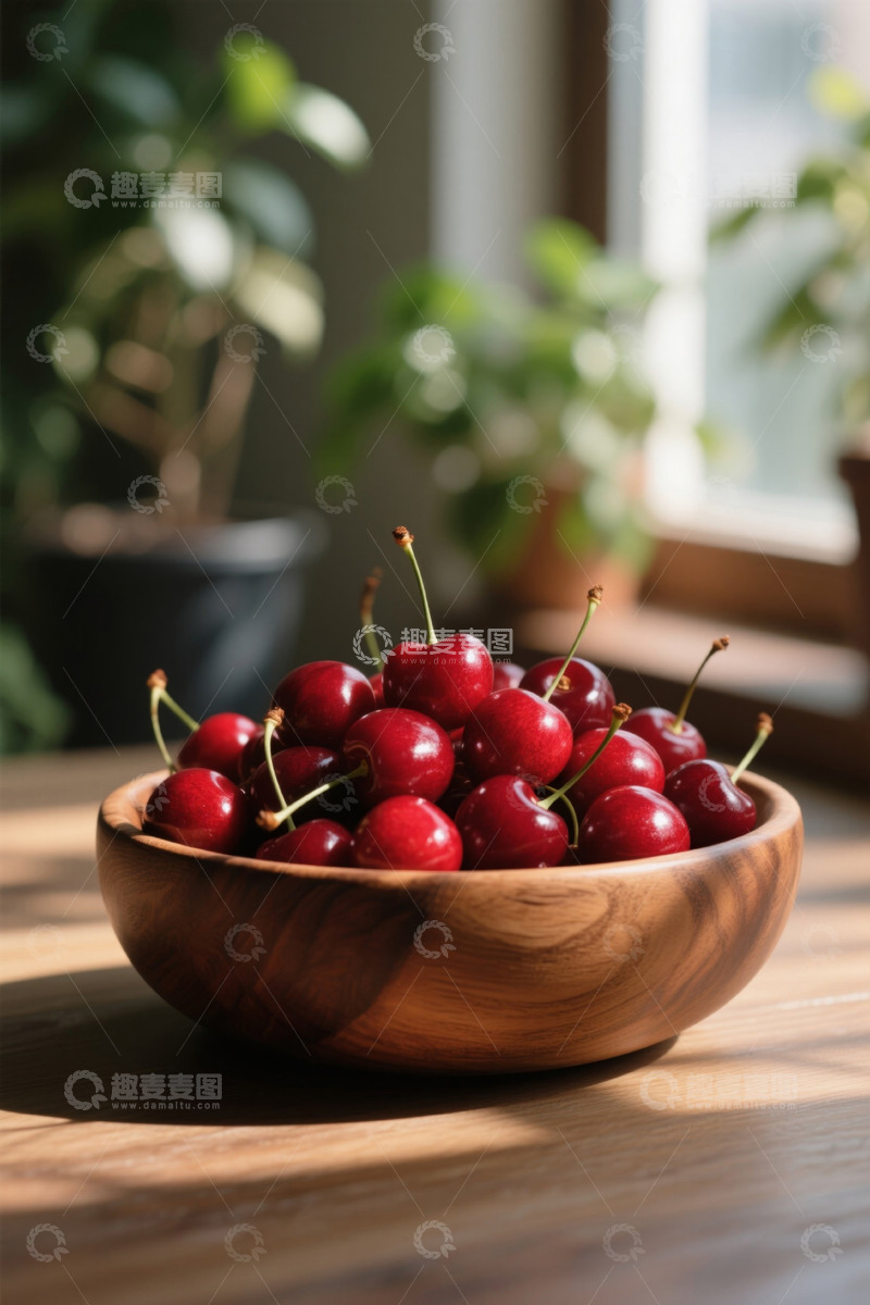 高清大图下载【趣麦麦图】木碗中盛放的新鲜红色樱桃