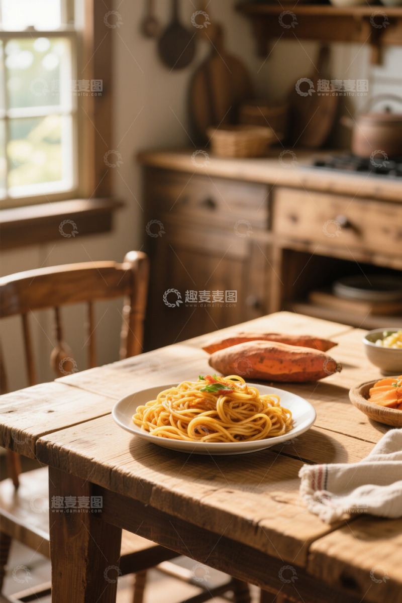 高清大图下载【趣麦麦图】木桌摆放意大利面与红薯