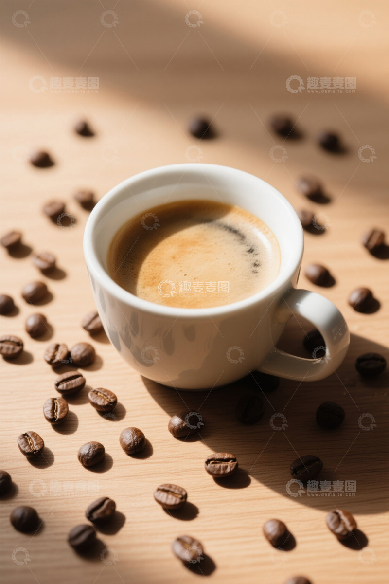 高清大图下载【趣麦麦图】木桌上的咖啡杯与咖啡豆