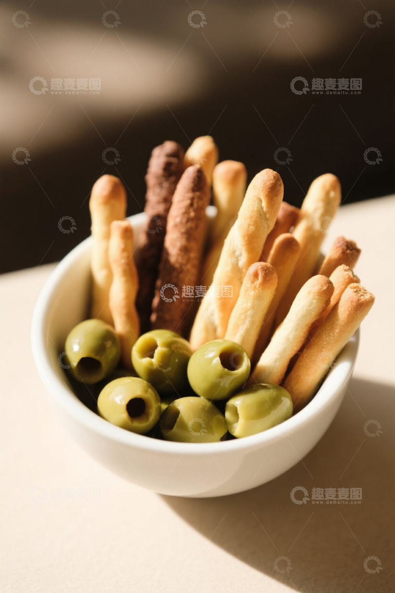高清大图下载【趣麦麦图】碗中橄榄与面包棒美食素材