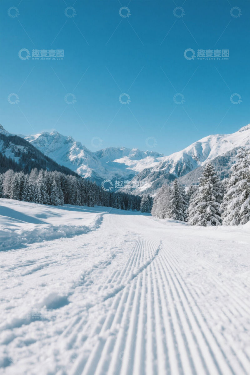 高清大图下载【趣麦麦图】雪山下的雪道与树林景观