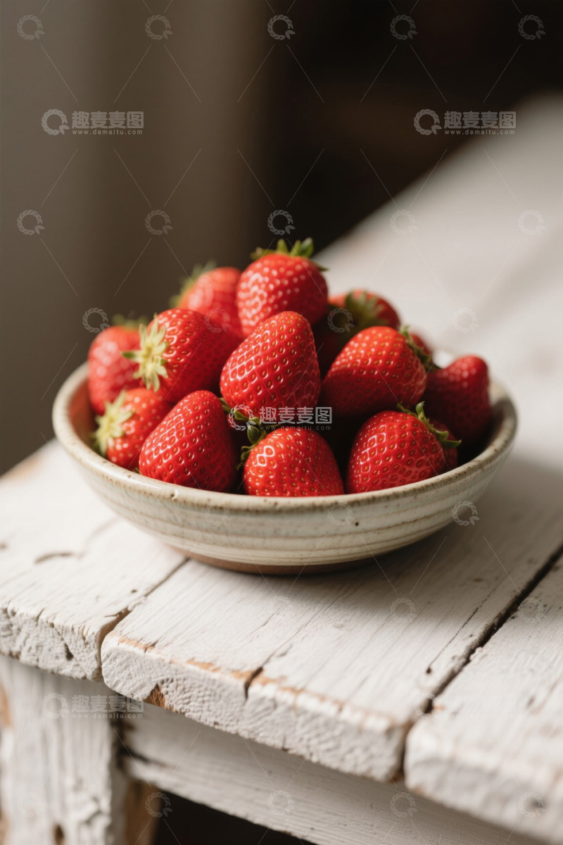 高清大图下载【趣麦麦图】木桌上碗装新鲜草莓