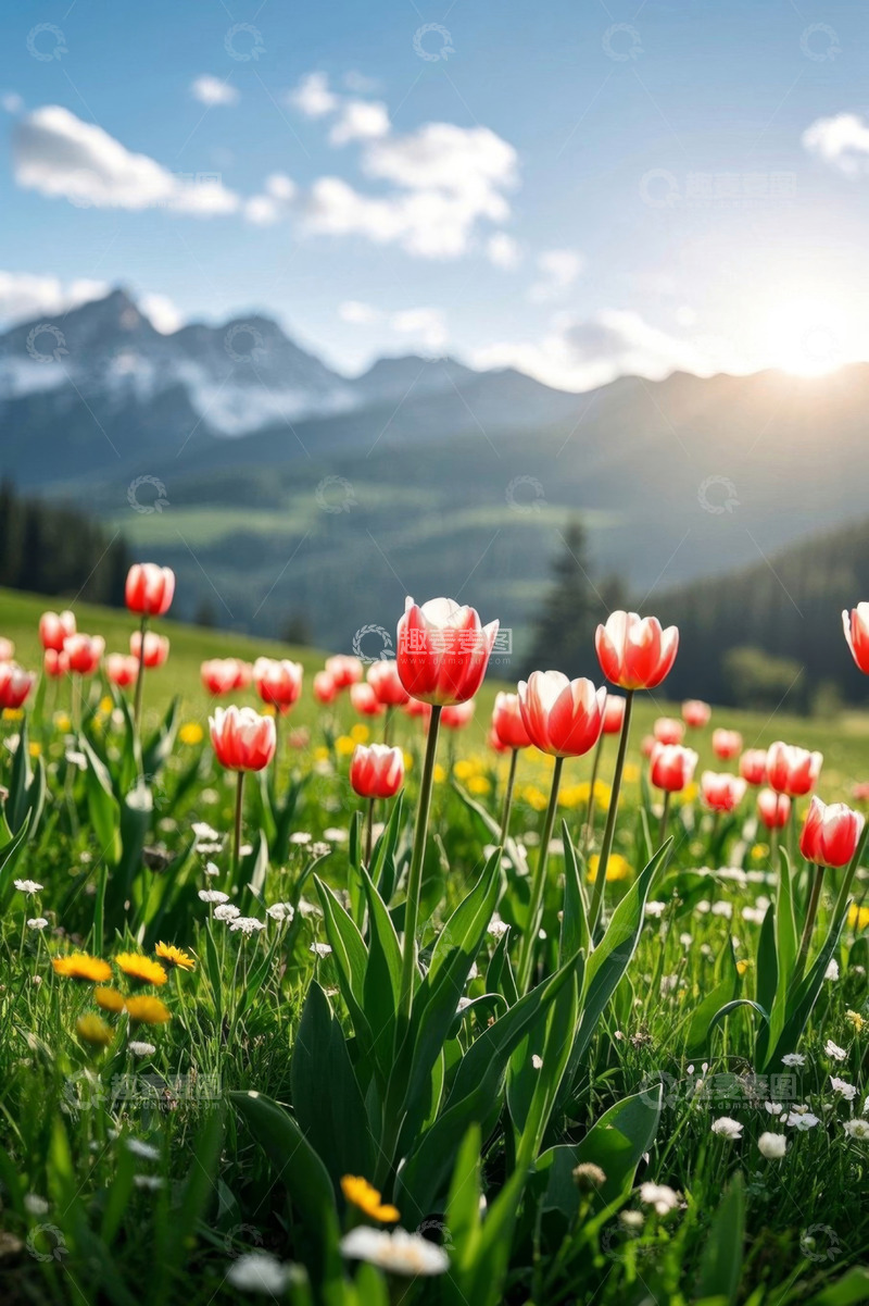 高清大图下载【趣麦麦图】山间草地盛开的红色郁金香