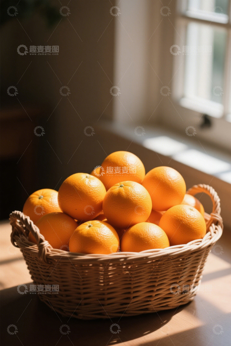 高清大图下载【趣麦麦图】窗边篮子里的新鲜橙子