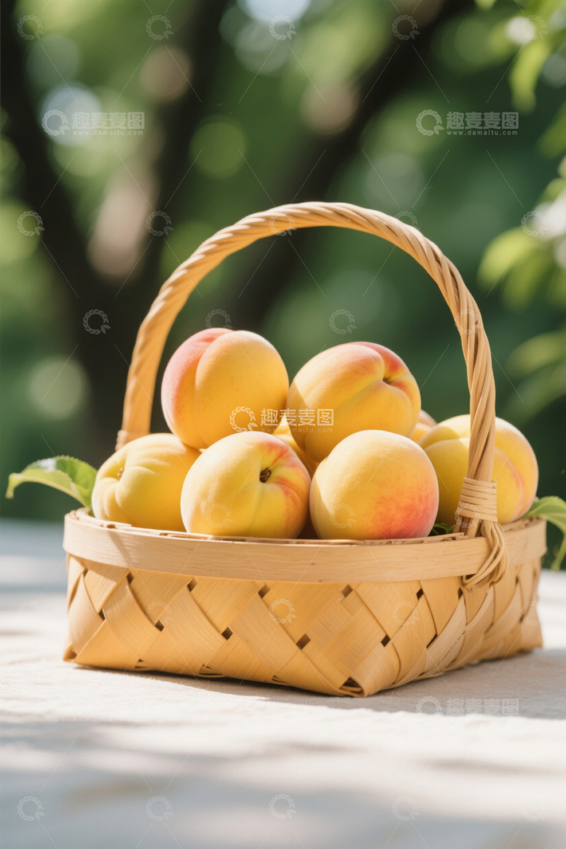 高清大图下载【趣麦麦图】竹篮中盛放的新鲜桃子
