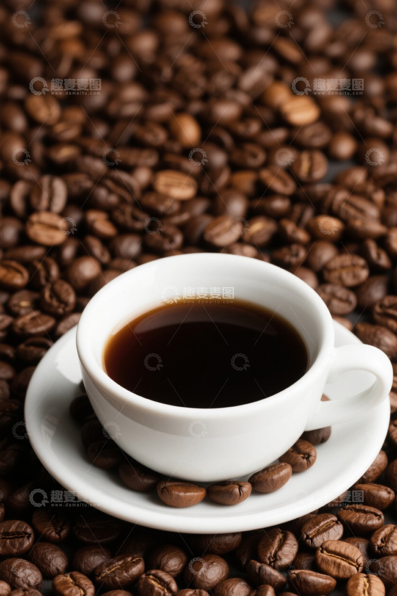 高清大图下载【趣麦麦图】白色杯碟装的浓缩咖啡和咖啡豆