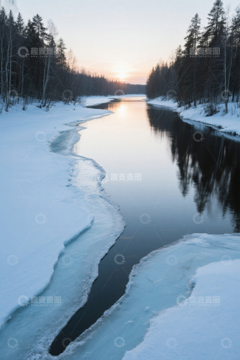 高清大图下载【趣麦麦图】冬日河畔雪景与落日景象