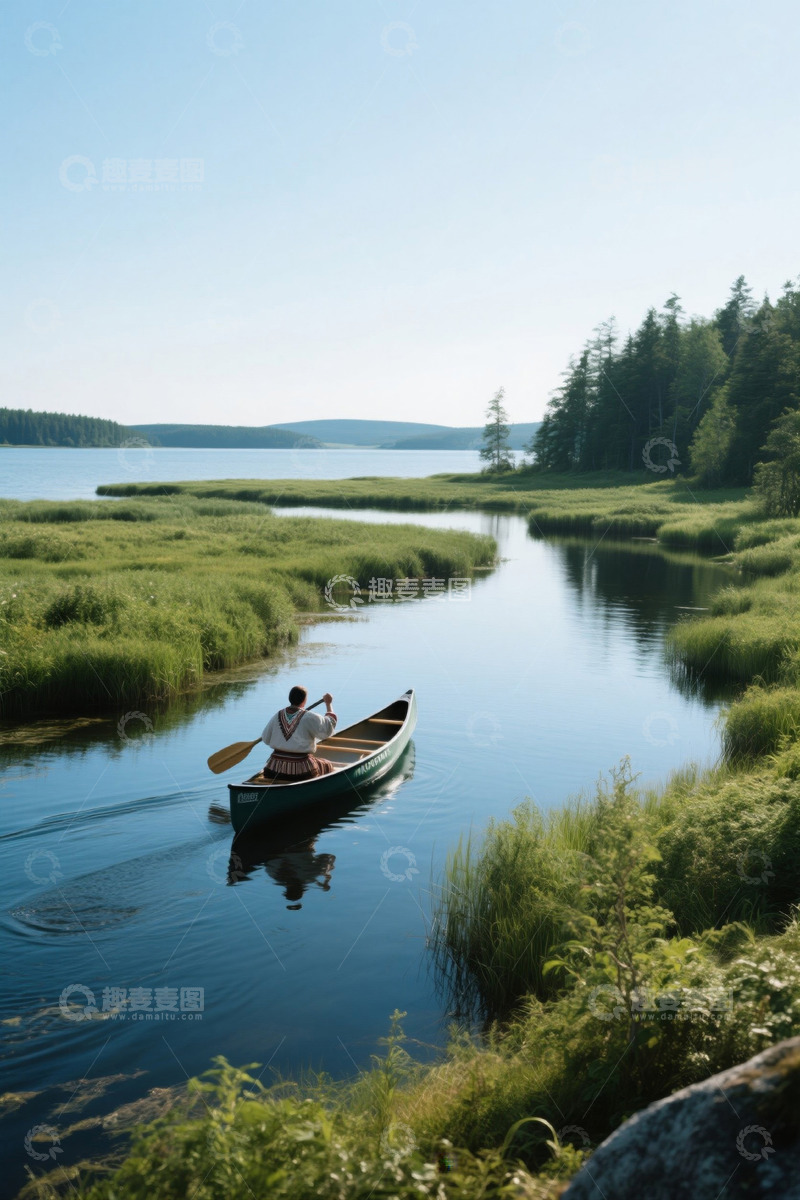 高清大图下载【趣麦麦图】单人于湖上划独木舟场景