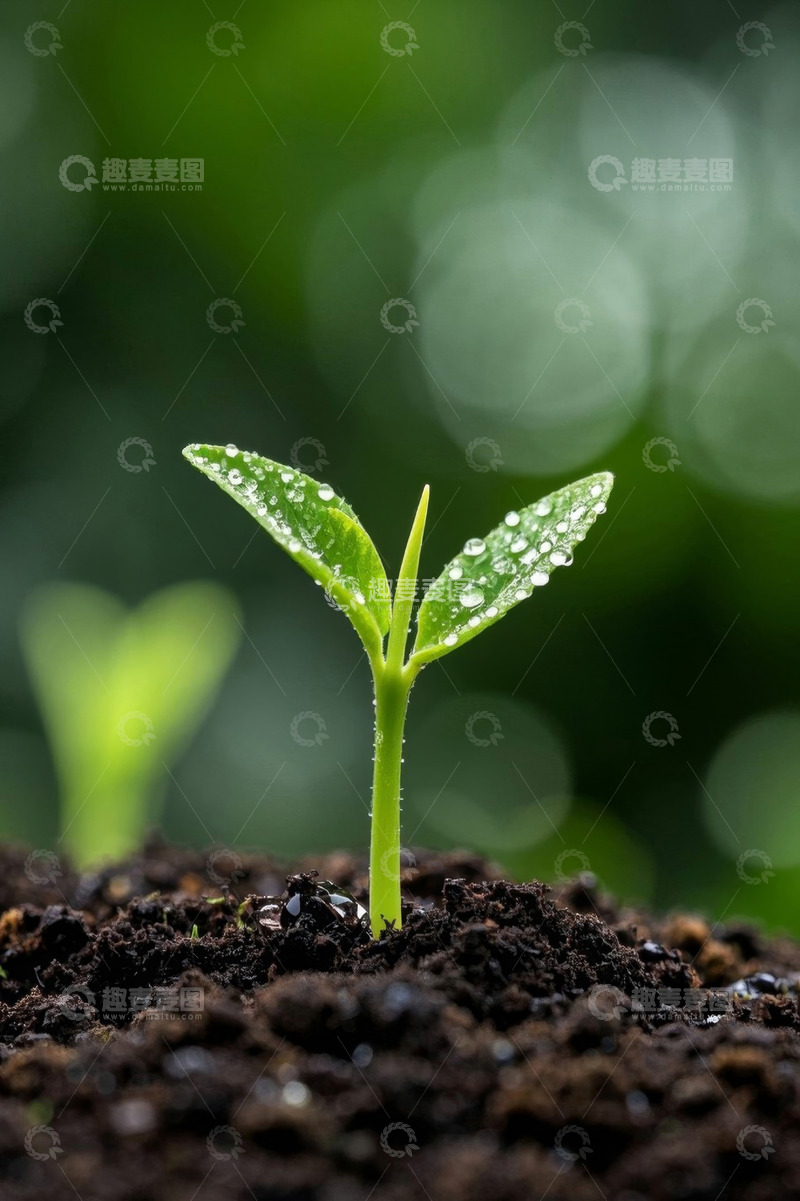 高清大图下载【趣麦麦图】破土而出的带水珠嫩绿幼苗