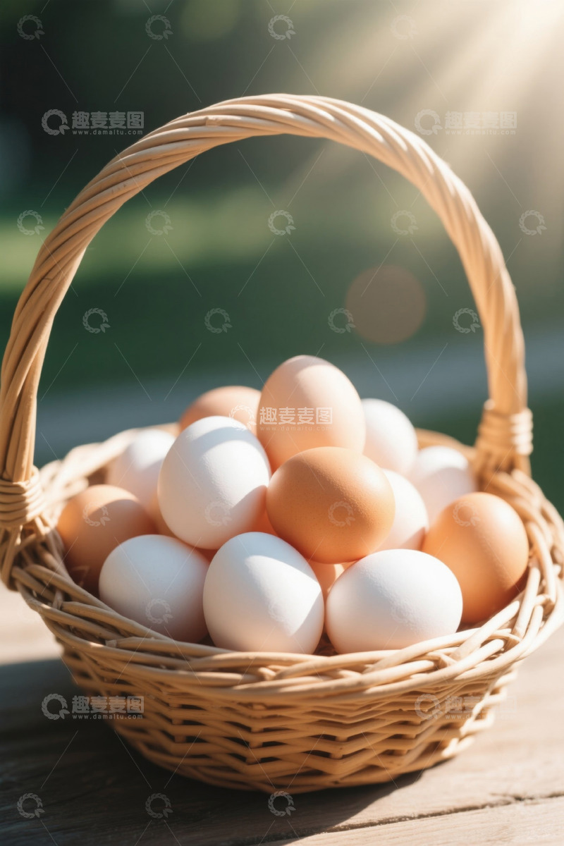 高清大图下载【趣麦麦图】木桌上篮子装着的鸡蛋