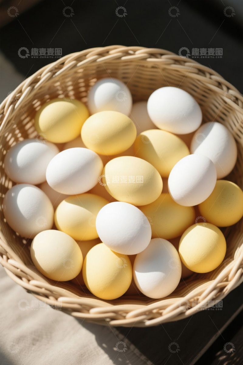 高清大图下载【趣麦麦图】篮子里的白色和黄色鸡蛋