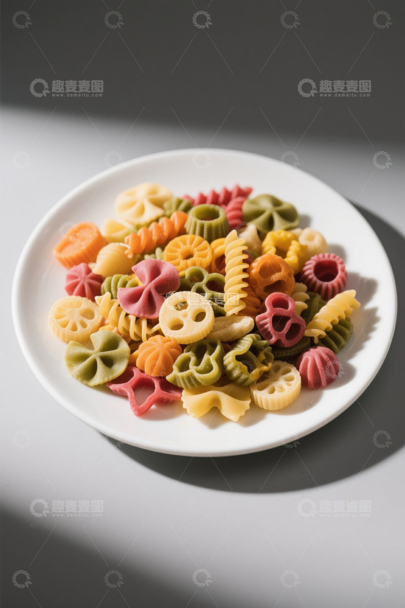 高清大图下载【趣麦麦图】彩色意大利面摆放在白色盘中