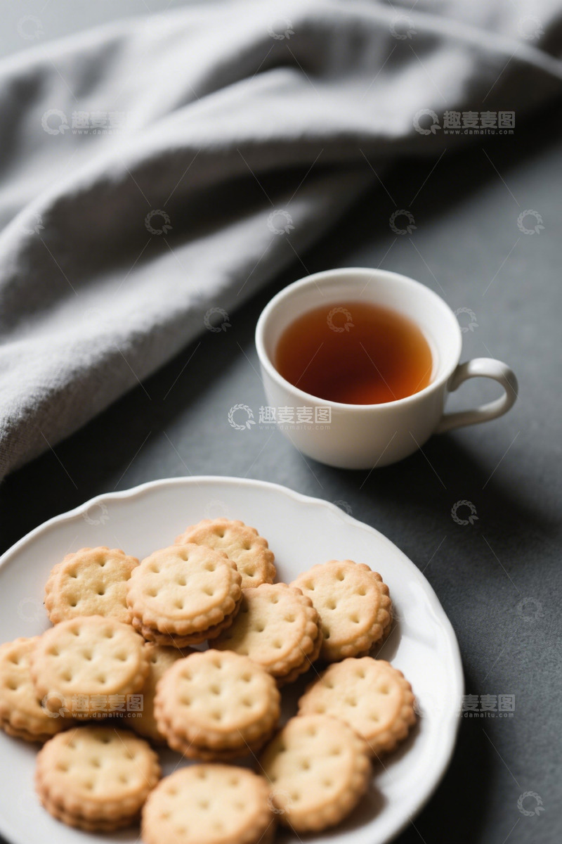 高清大图下载【趣麦麦图】灰色桌布上的饼干与茶饮