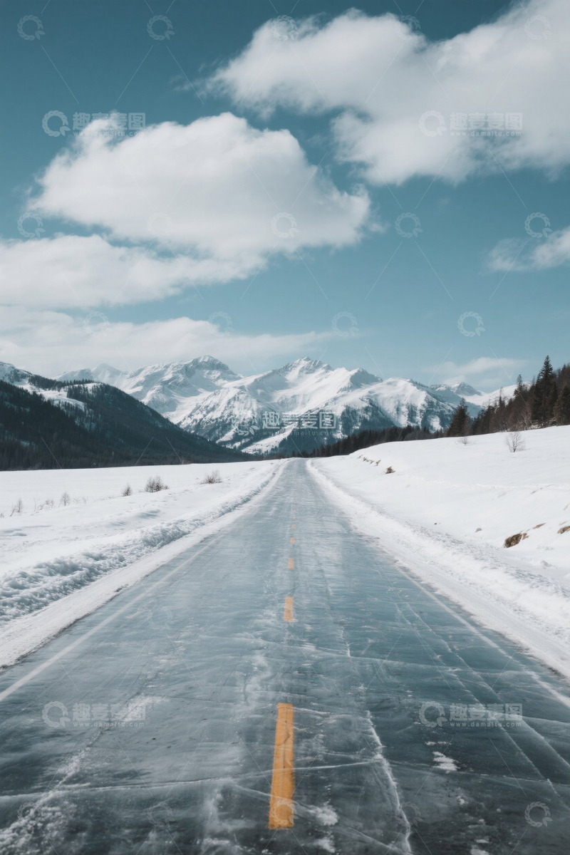 高清大图下载【趣麦麦图】雪地公路与远处雪山景观