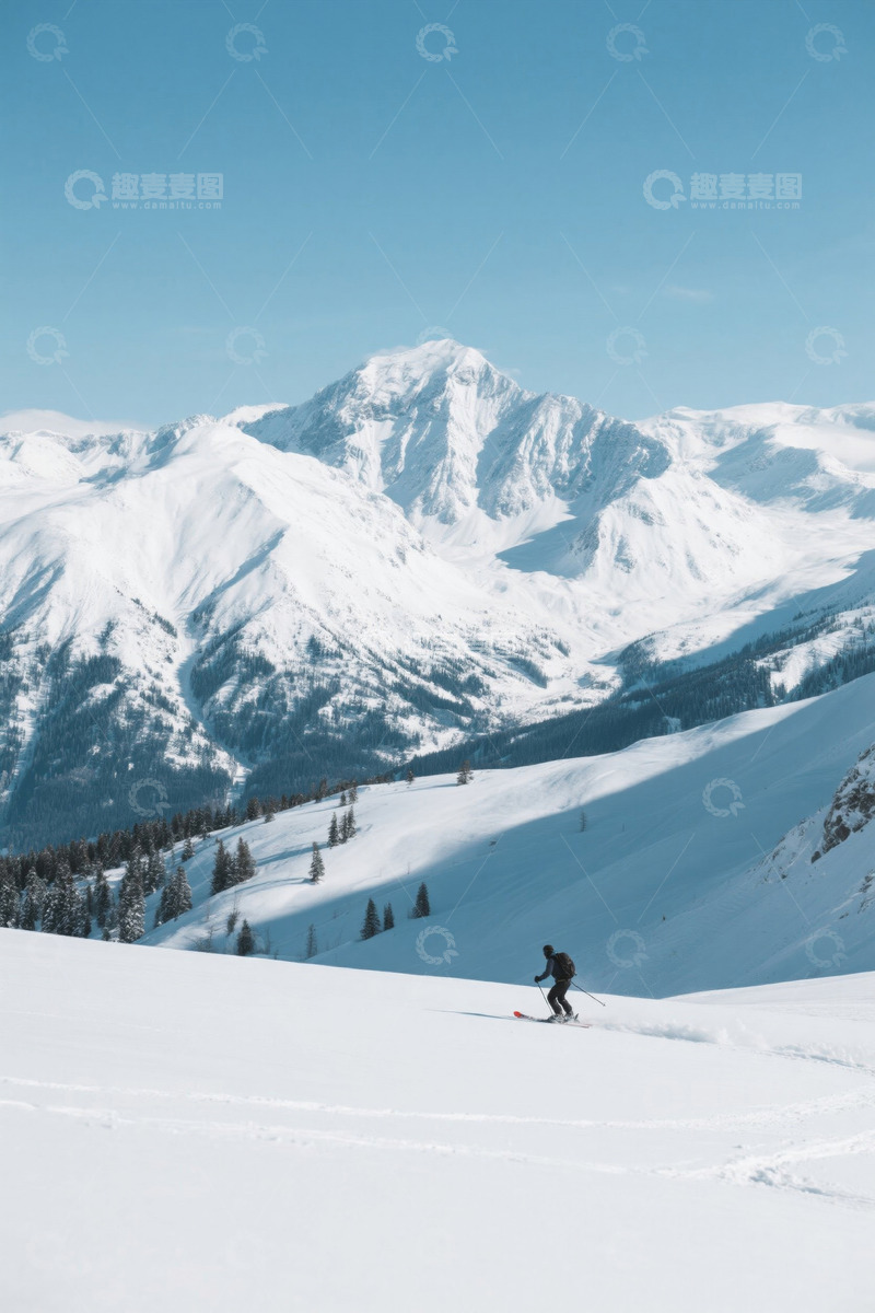高清大图下载【趣麦麦图】雪山中滑雪者滑雪场景
