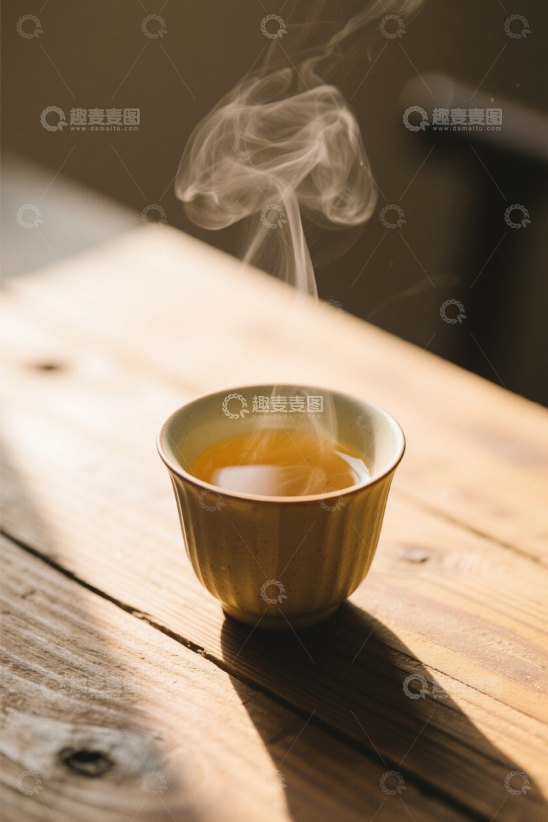 高清大图下载【趣麦麦图】木桌上热气腾腾的一杯茶