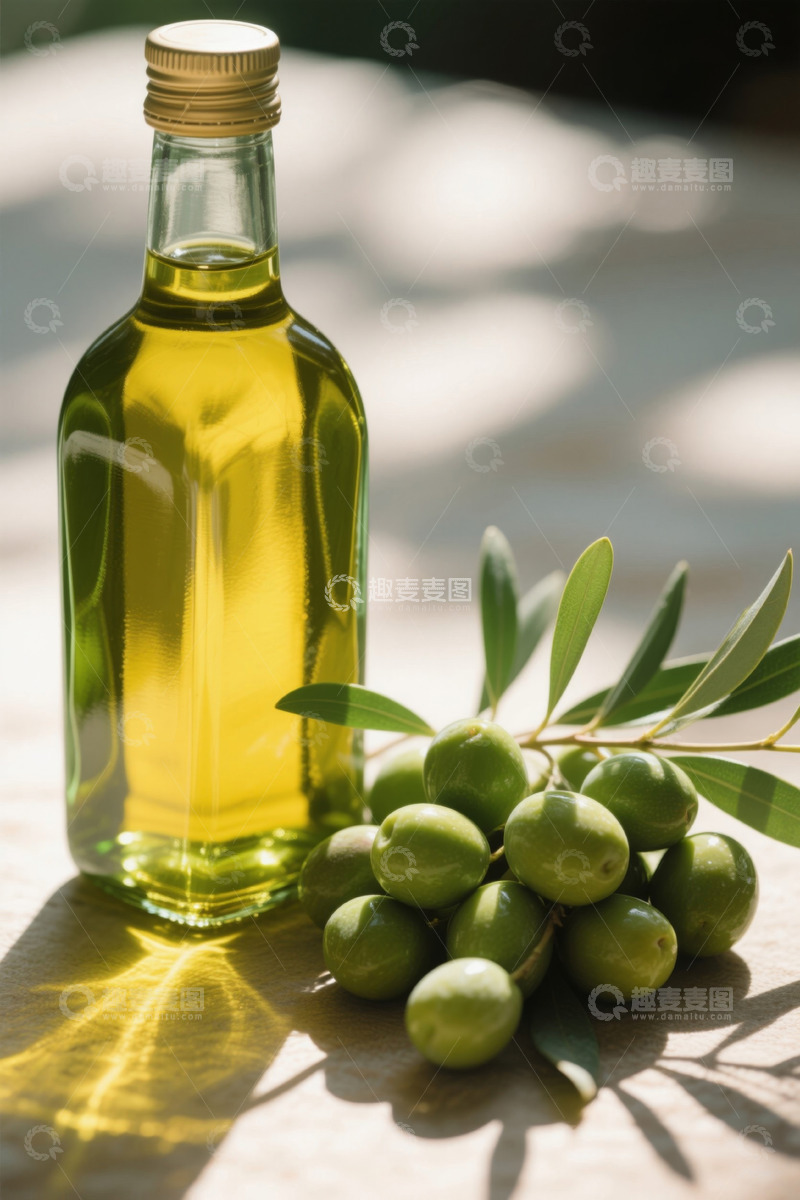 高清大图下载【趣麦麦图】玻璃瓶橄榄油与新鲜橄榄
