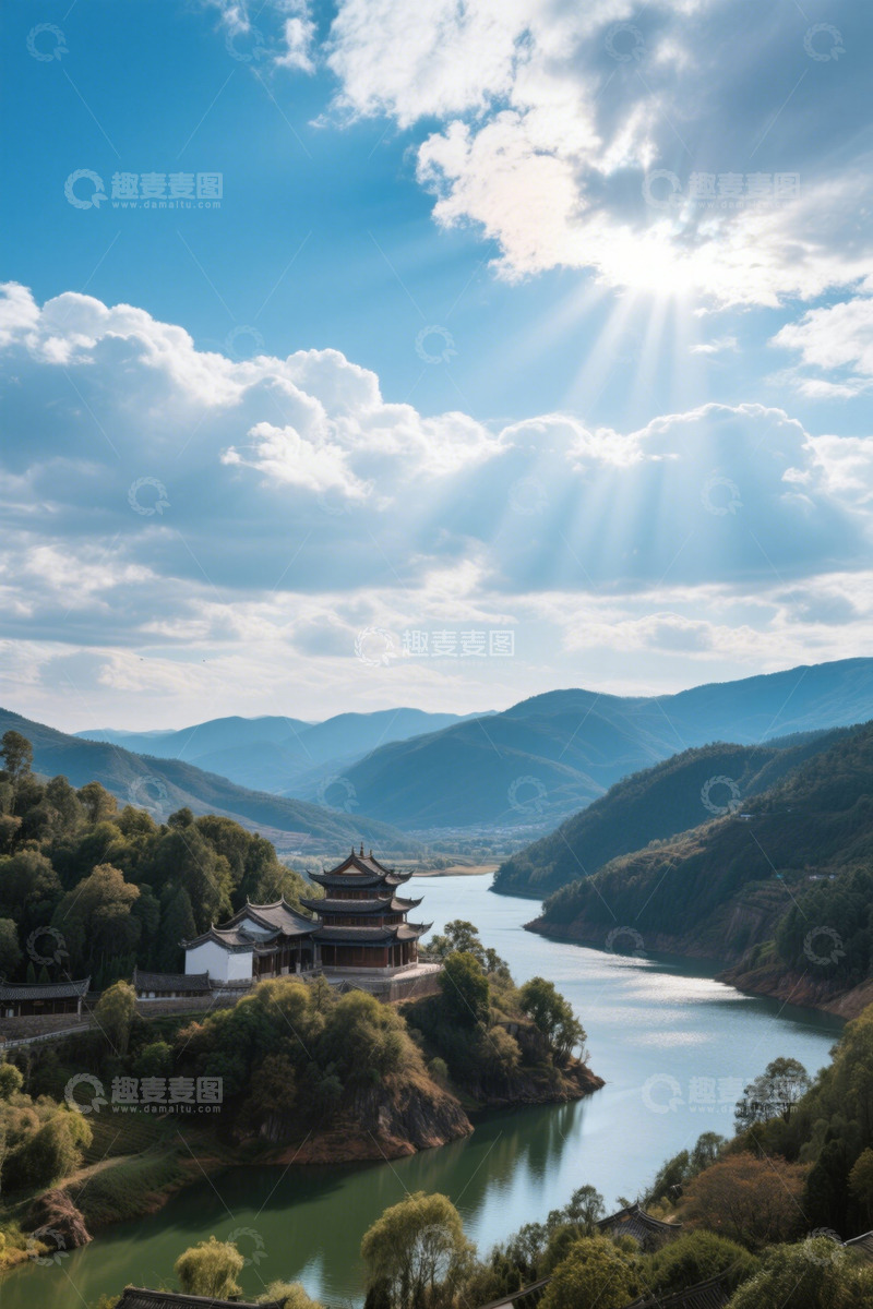 高清大图下载【趣麦麦图】山水间中式古建筑风景