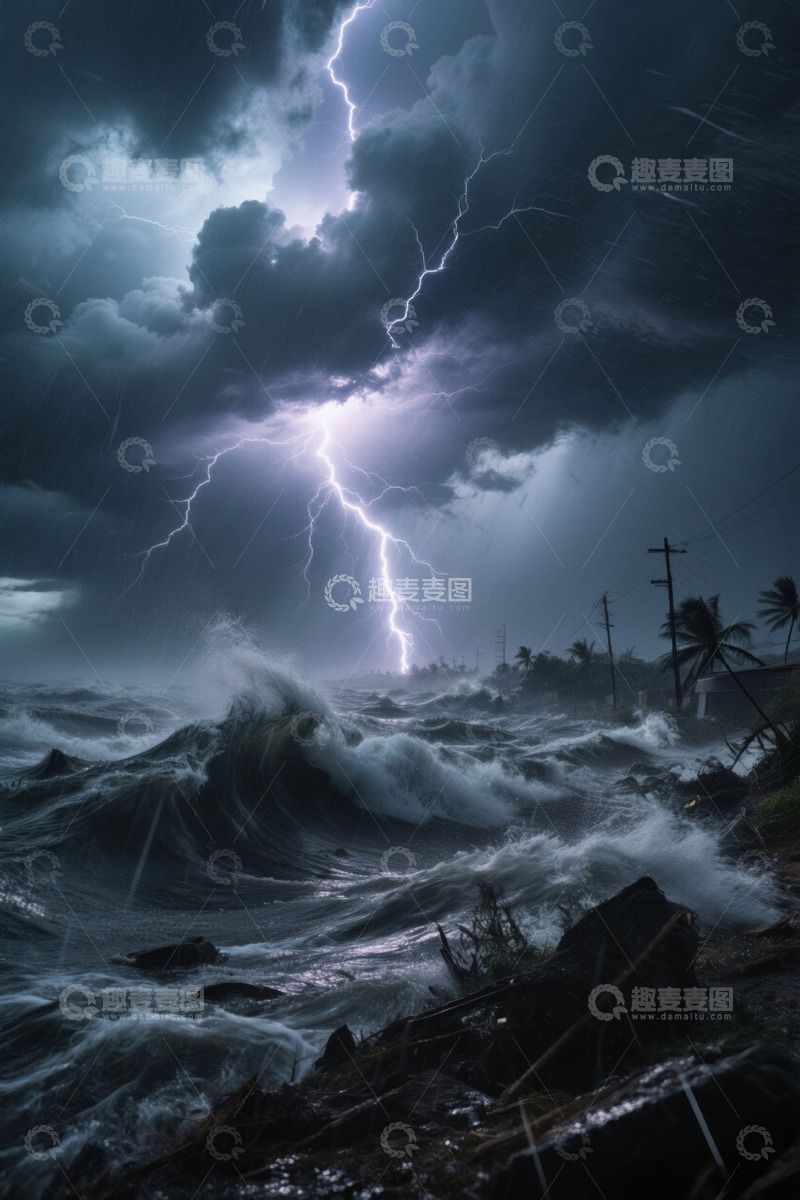 高清大图下载【趣麦麦图】海边风暴雷电交加景象