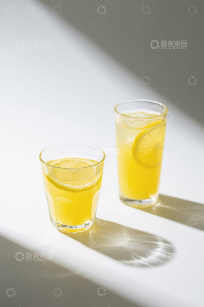 高清大图下载【趣麦麦图】两杯装有柠檬片的黄色饮料