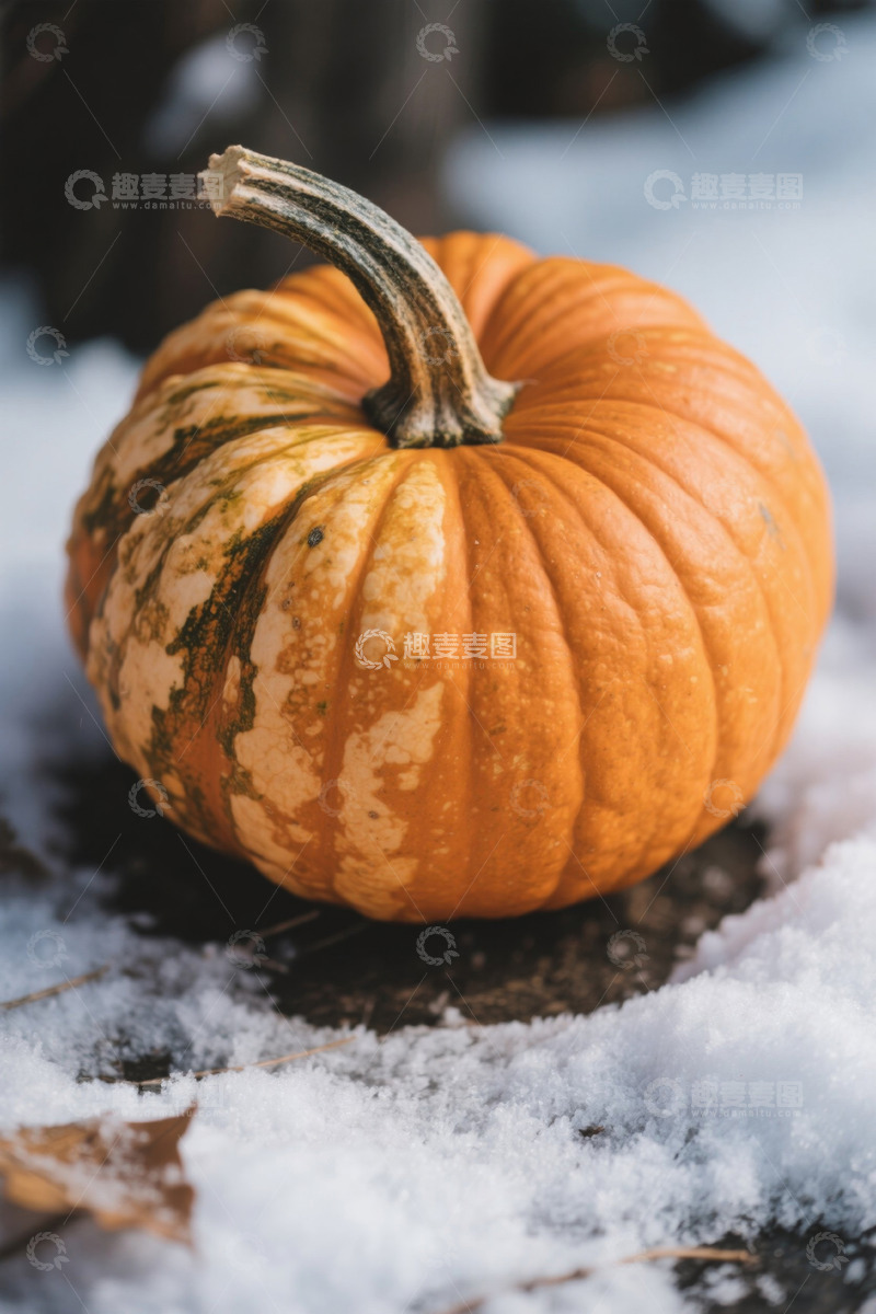 高清大图下载【趣麦麦图】雪地上的橙色南瓜静物