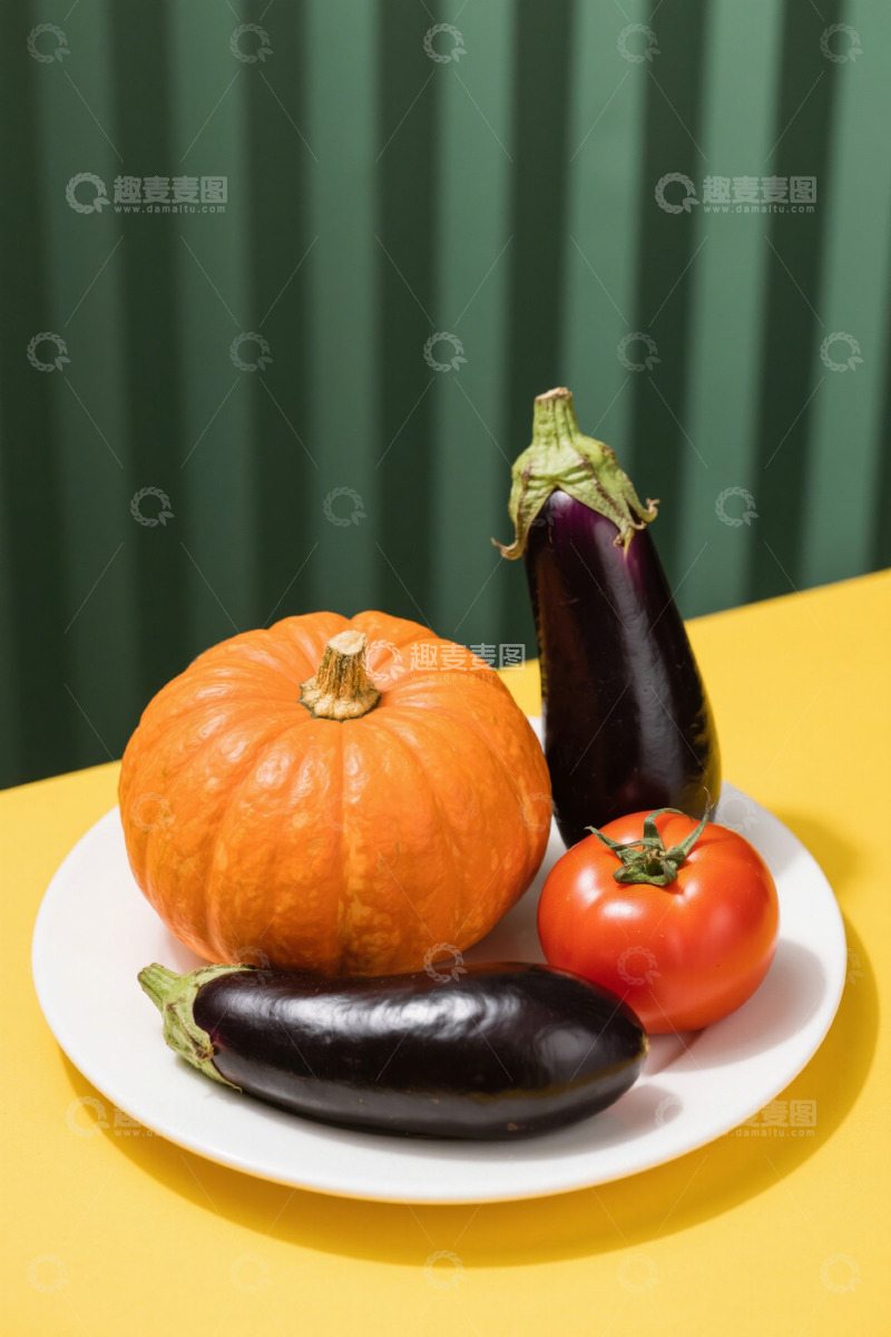 高清大图下载【趣麦麦图】盘子里的南瓜茄子和番茄