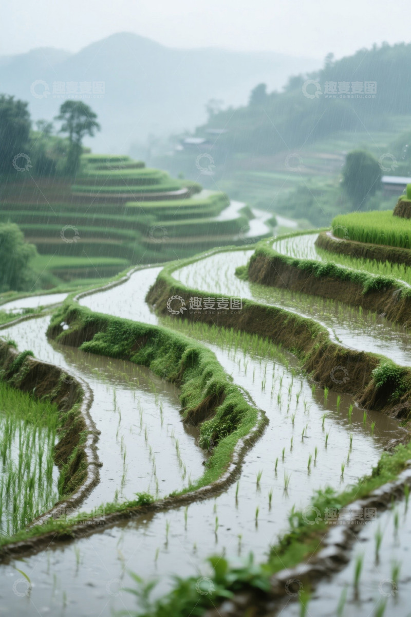 高清大图下载【趣麦麦图】雨中层层叠叠的水稻梯田