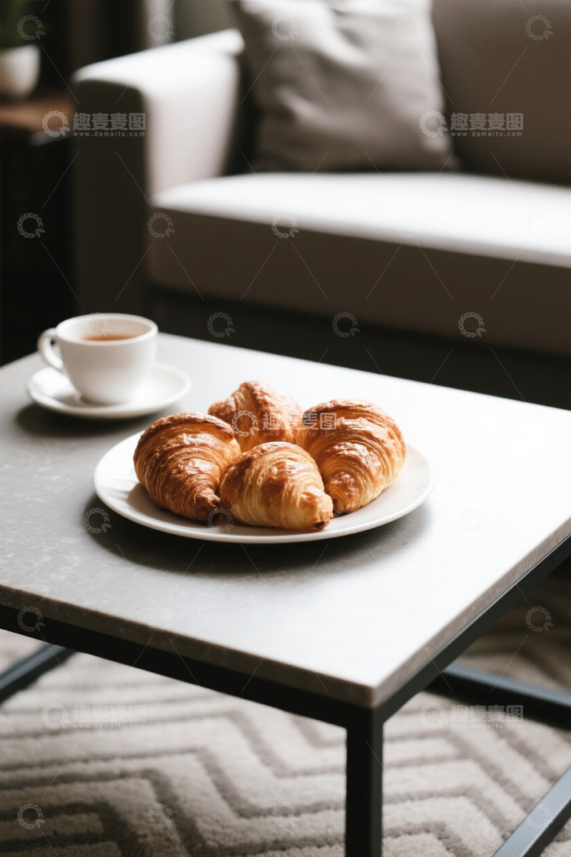 高清大图下载【趣麦麦图】沙发旁茶几上的咖啡与牛角面包