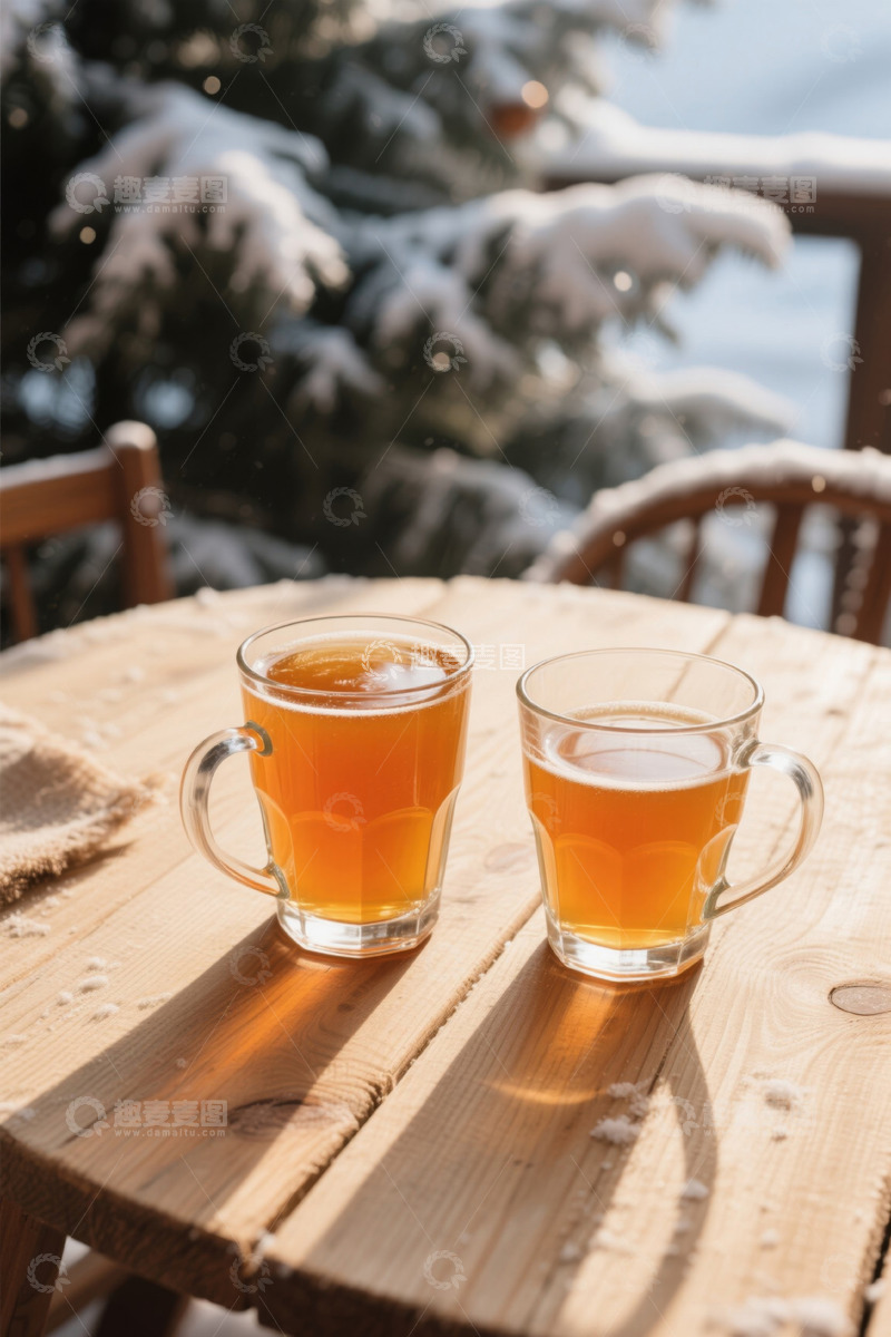 高清大图下载【趣麦麦图】户外木桌上的两杯热茶