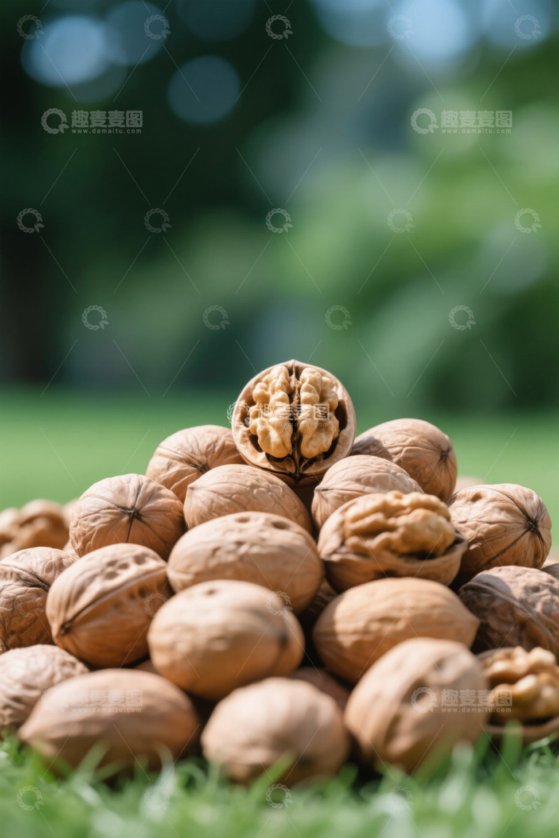 高清大图下载【趣麦麦图】草地上堆叠的核桃特写