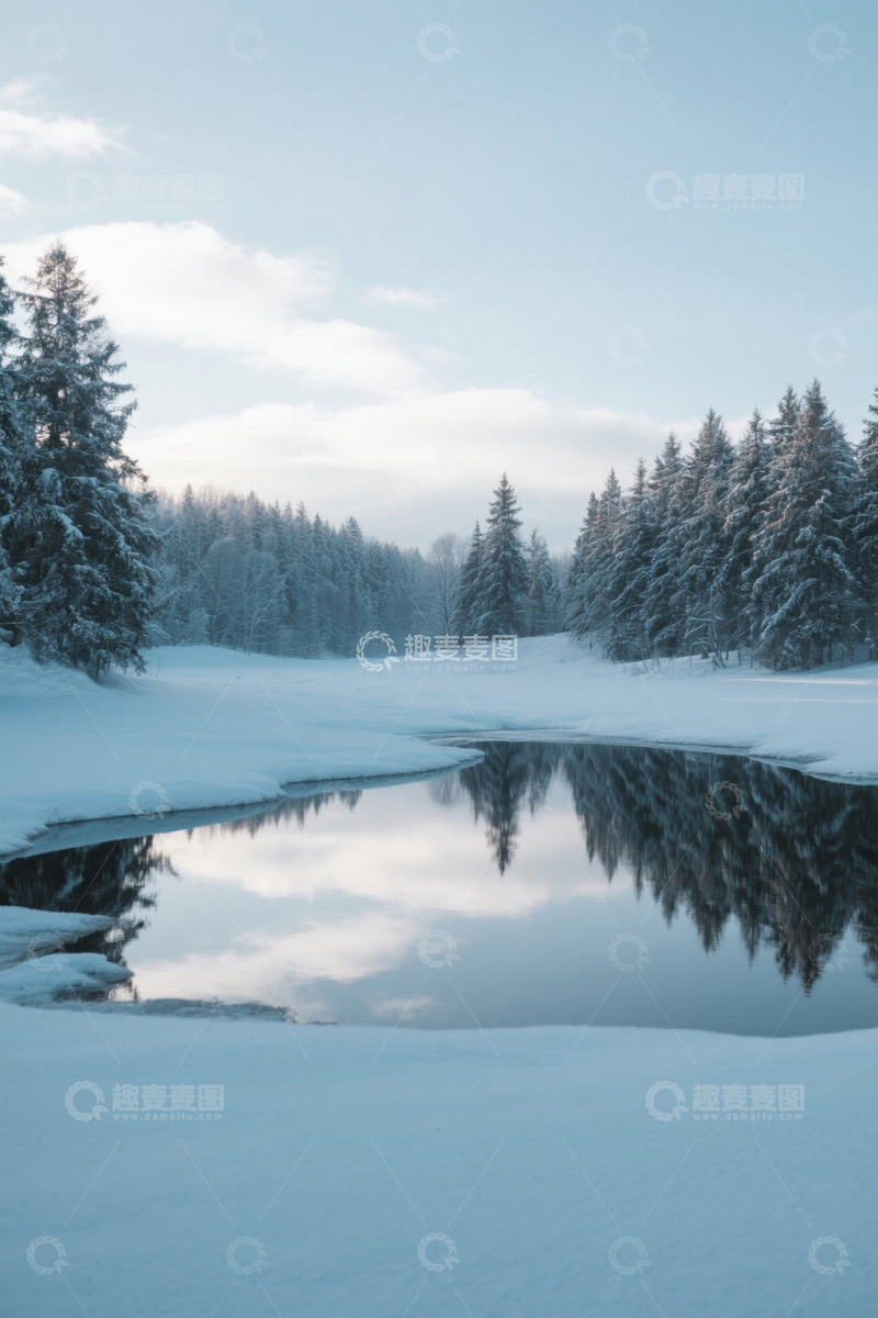 高清大图下载【趣麦麦图】冬日雪覆森林与宁静湖面