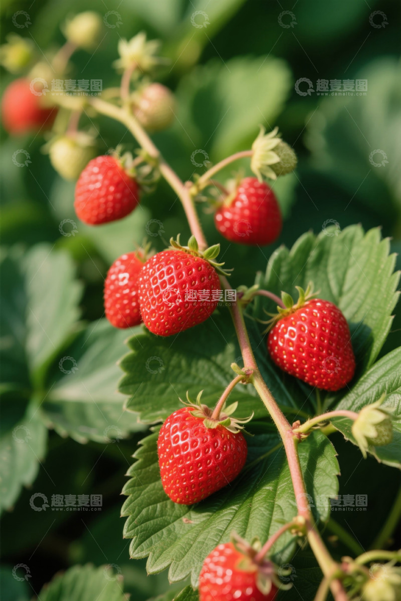 高清大图下载【趣麦麦图】成熟草莓挂在植株上