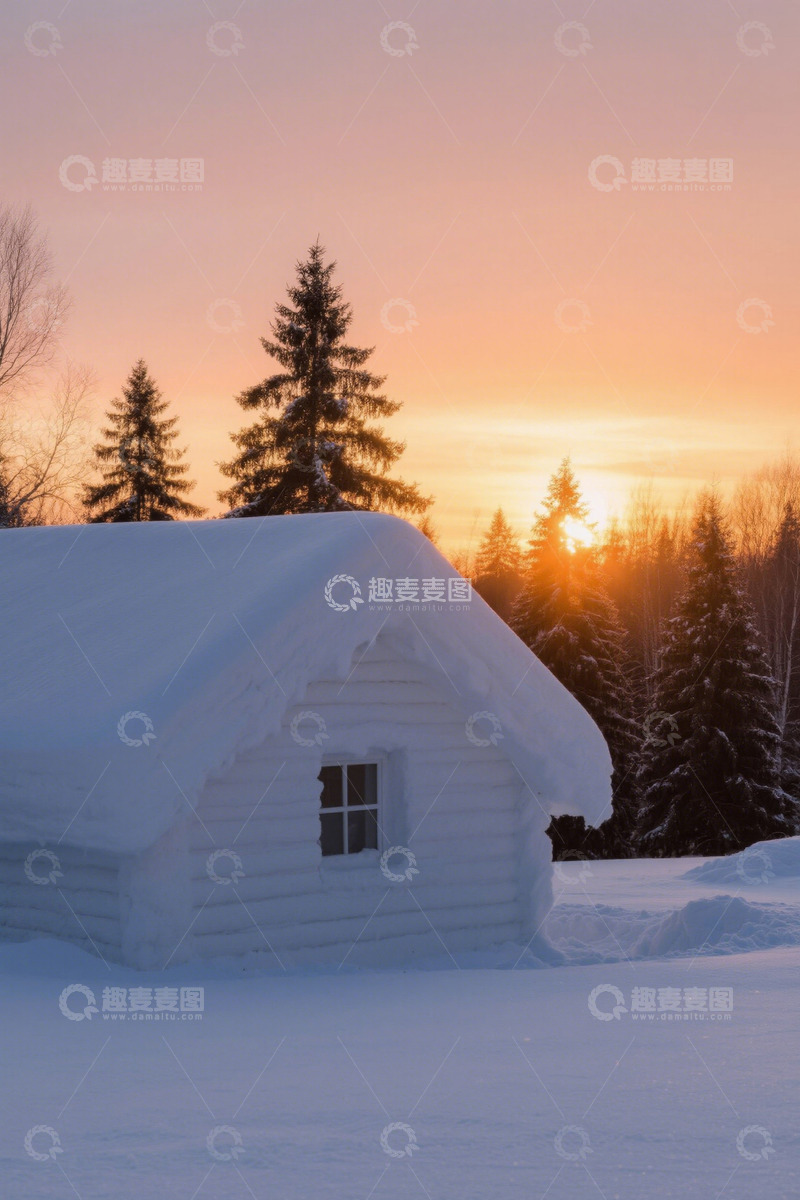 高清大图下载【趣麦麦图】雪中小屋与落日森林景观