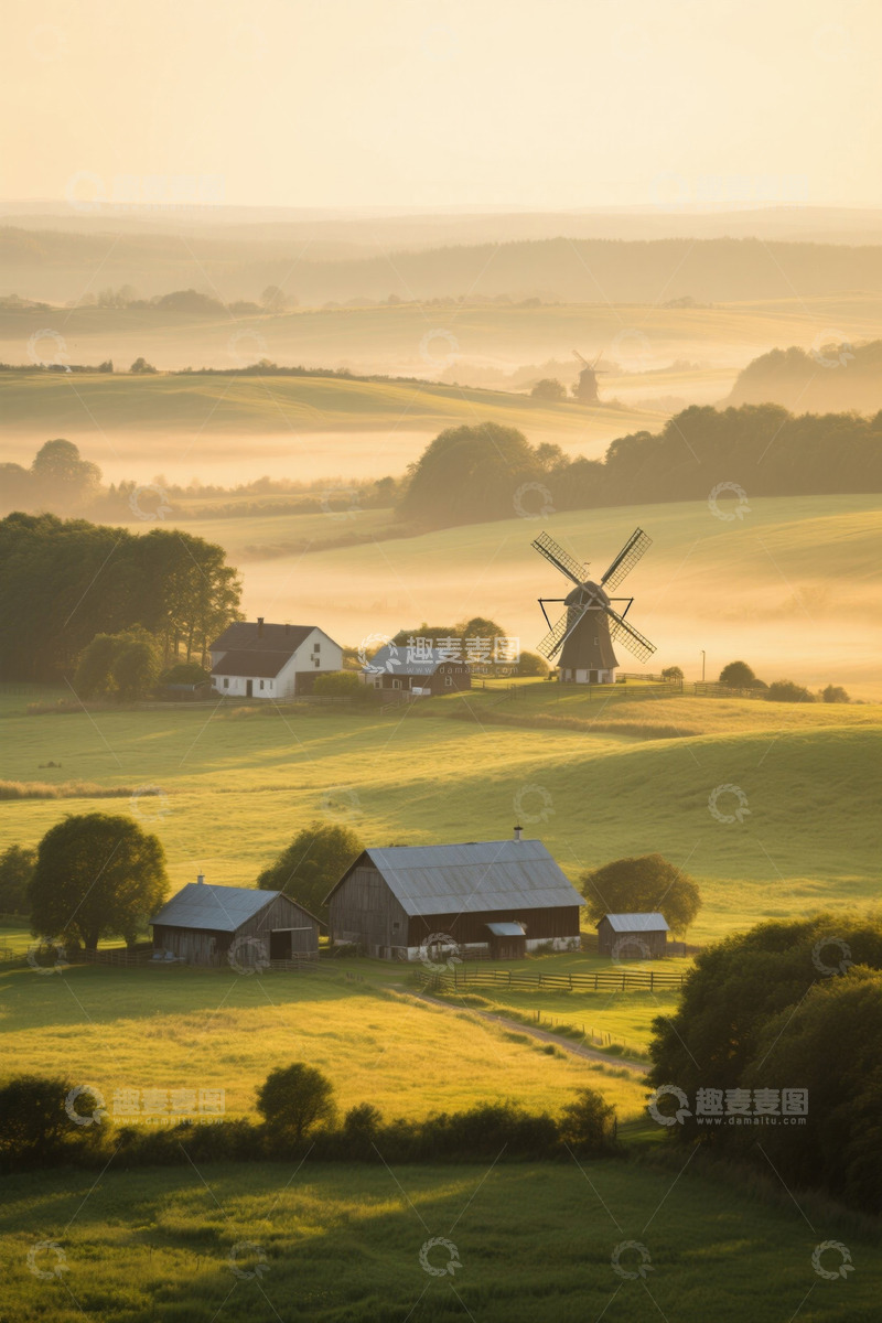高清大图下载【趣麦麦图】田园风光中的风车与农舍