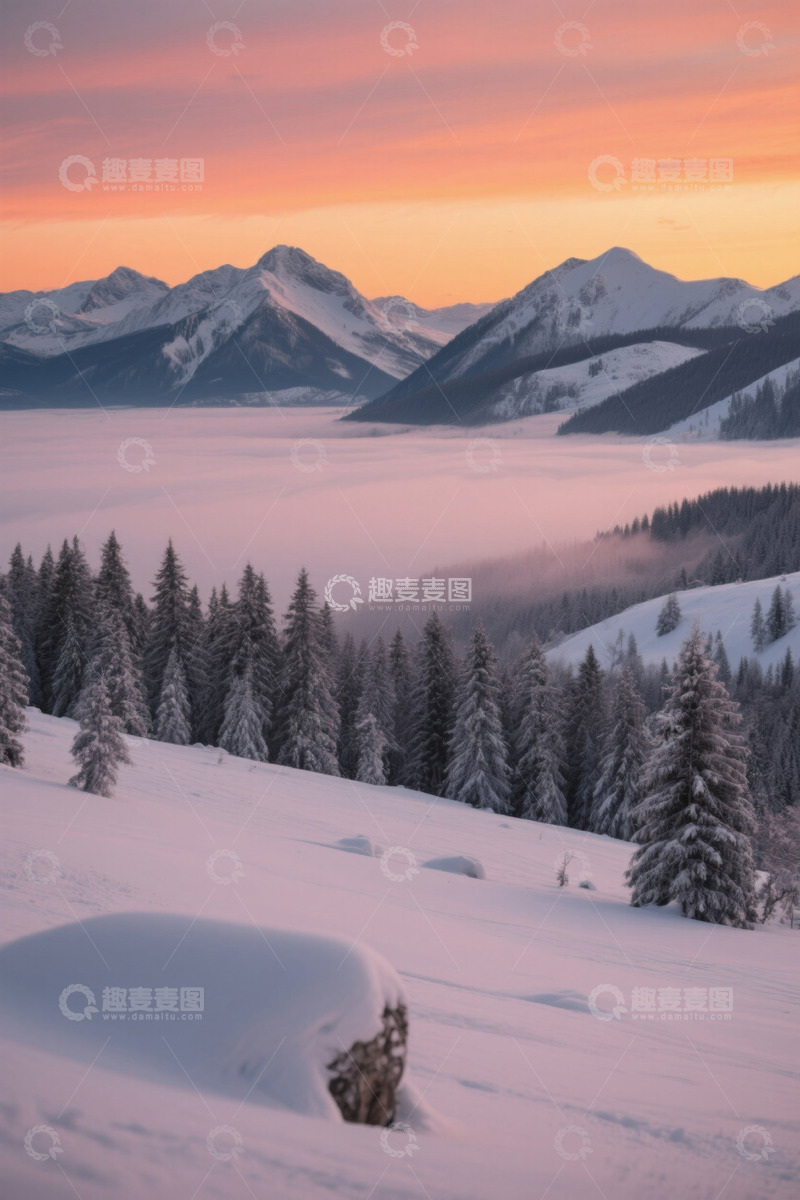 高清大图下载【趣麦麦图】雪山森林云海日出景观