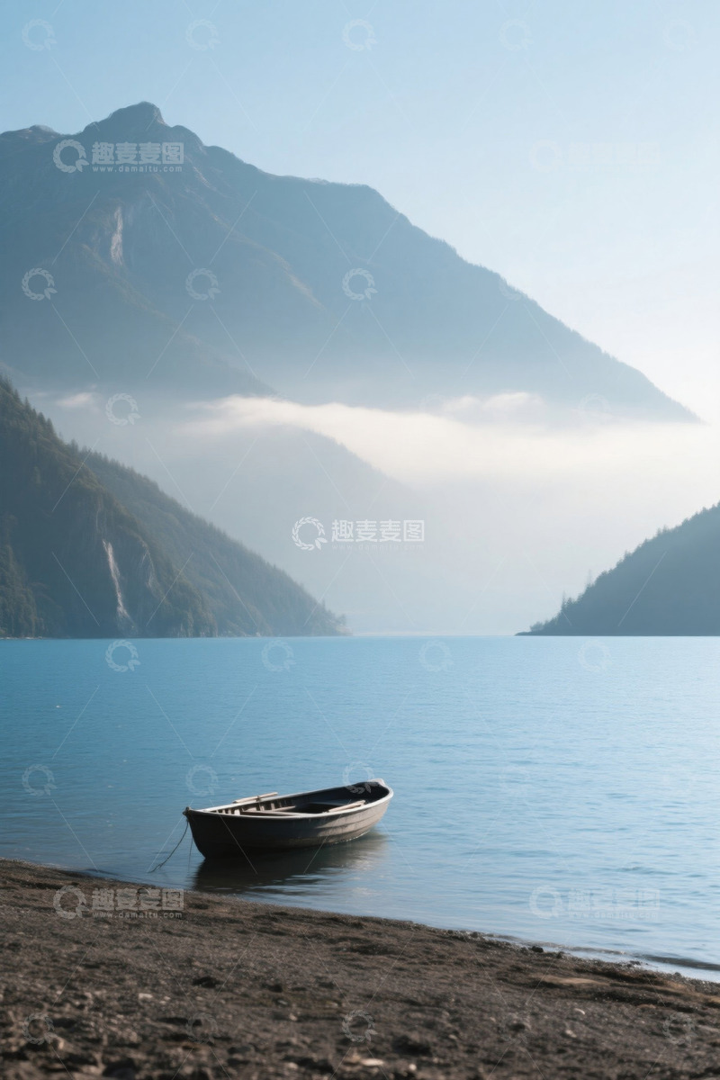 高清大图下载【趣麦麦图】湖畔小船与远山自然景观