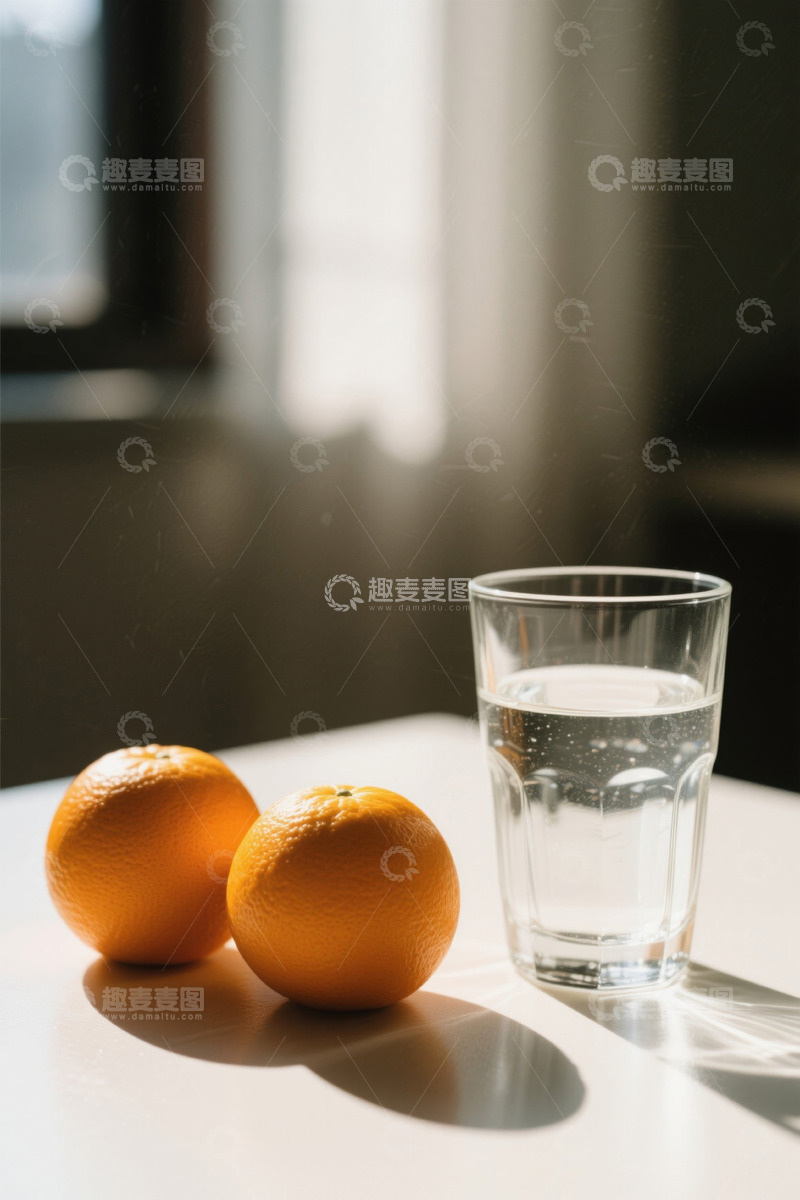 高清大图下载【趣麦麦图】桌面上的橙子与水杯