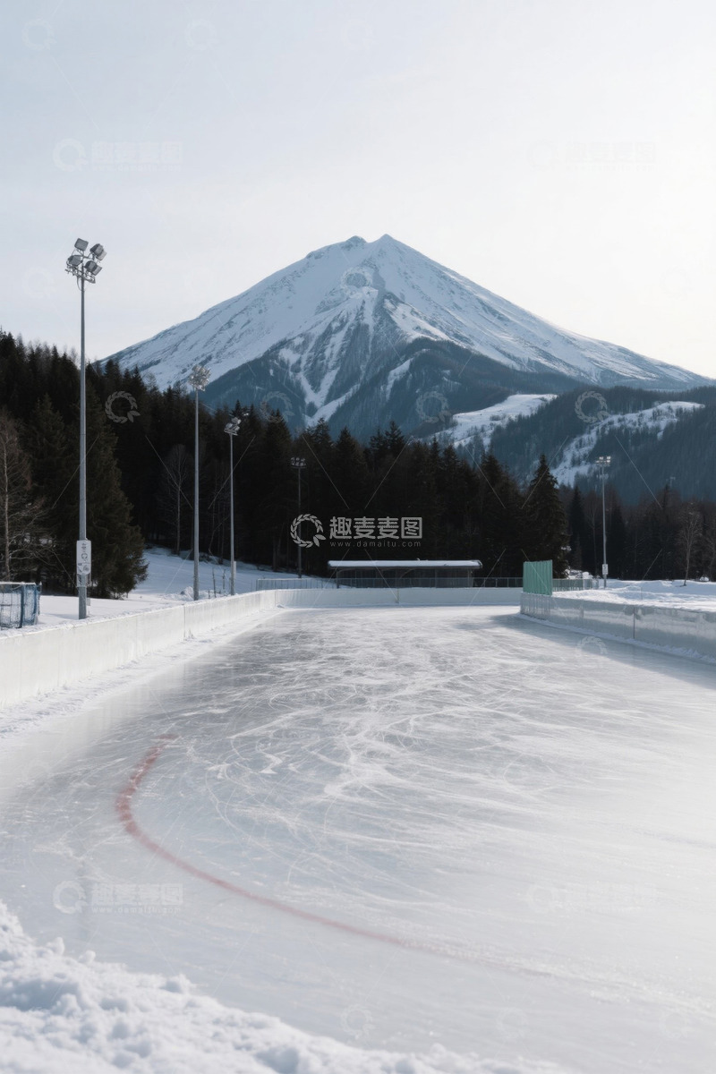 高清大图下载【趣麦麦图】雪山下的户外滑冰场
