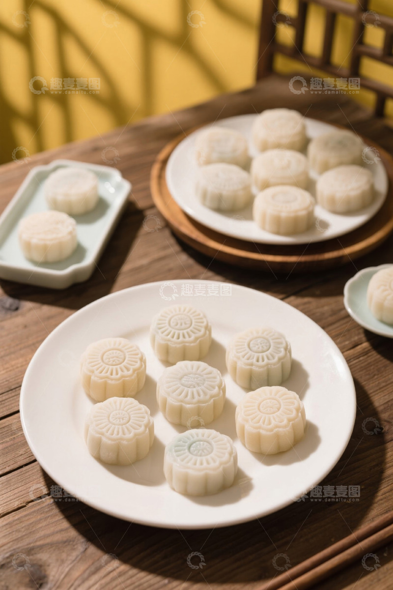 高清大图下载【趣麦麦图】中式木桌上摆放的传统月饼